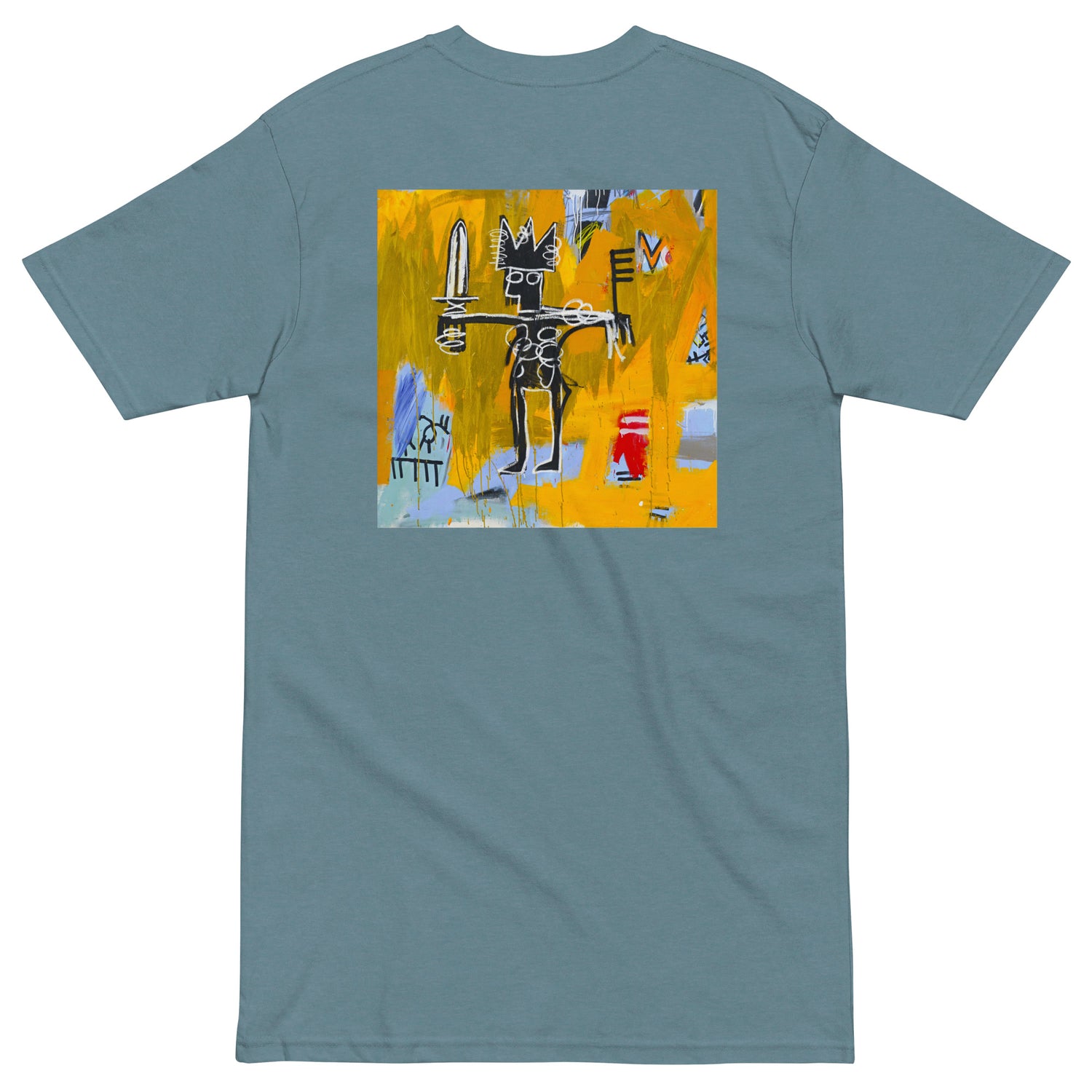 Jean-Michel Basquiat "Julius Caesar on Gold" Artwork Printed Premium Streetwear Crewneck T-shirt Blue Agave