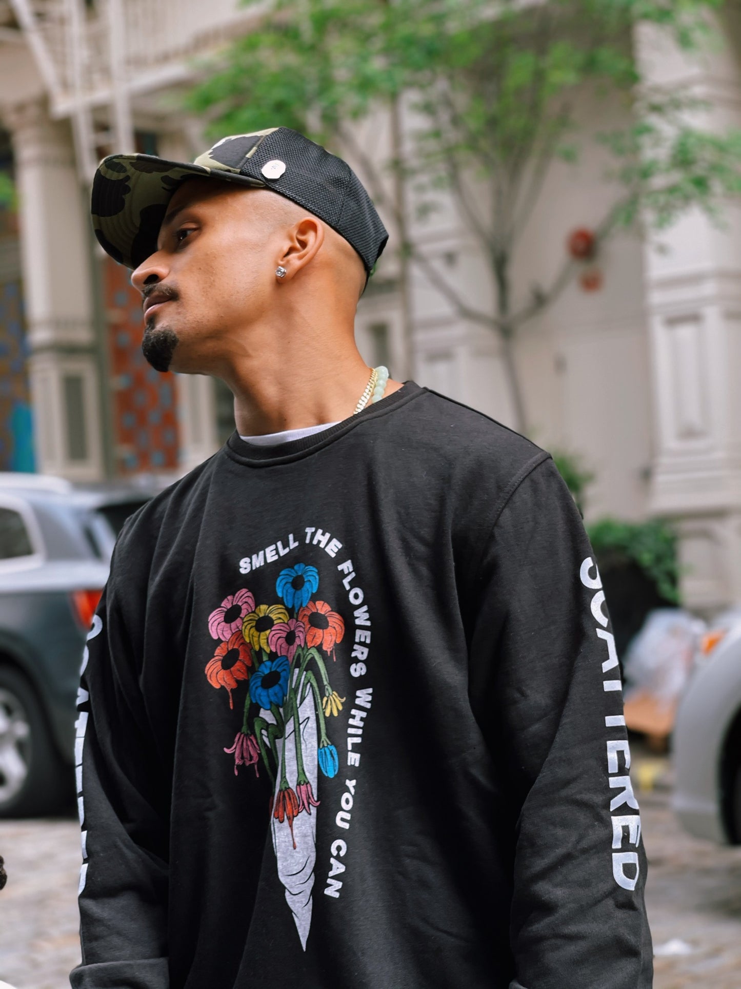 JoeJoeBeats Smell the Flowers Graphic Print Black French Terry Sweatshirt Printed Sleeves | Mens Clothing Streetwear NYC bathing ape crewneck