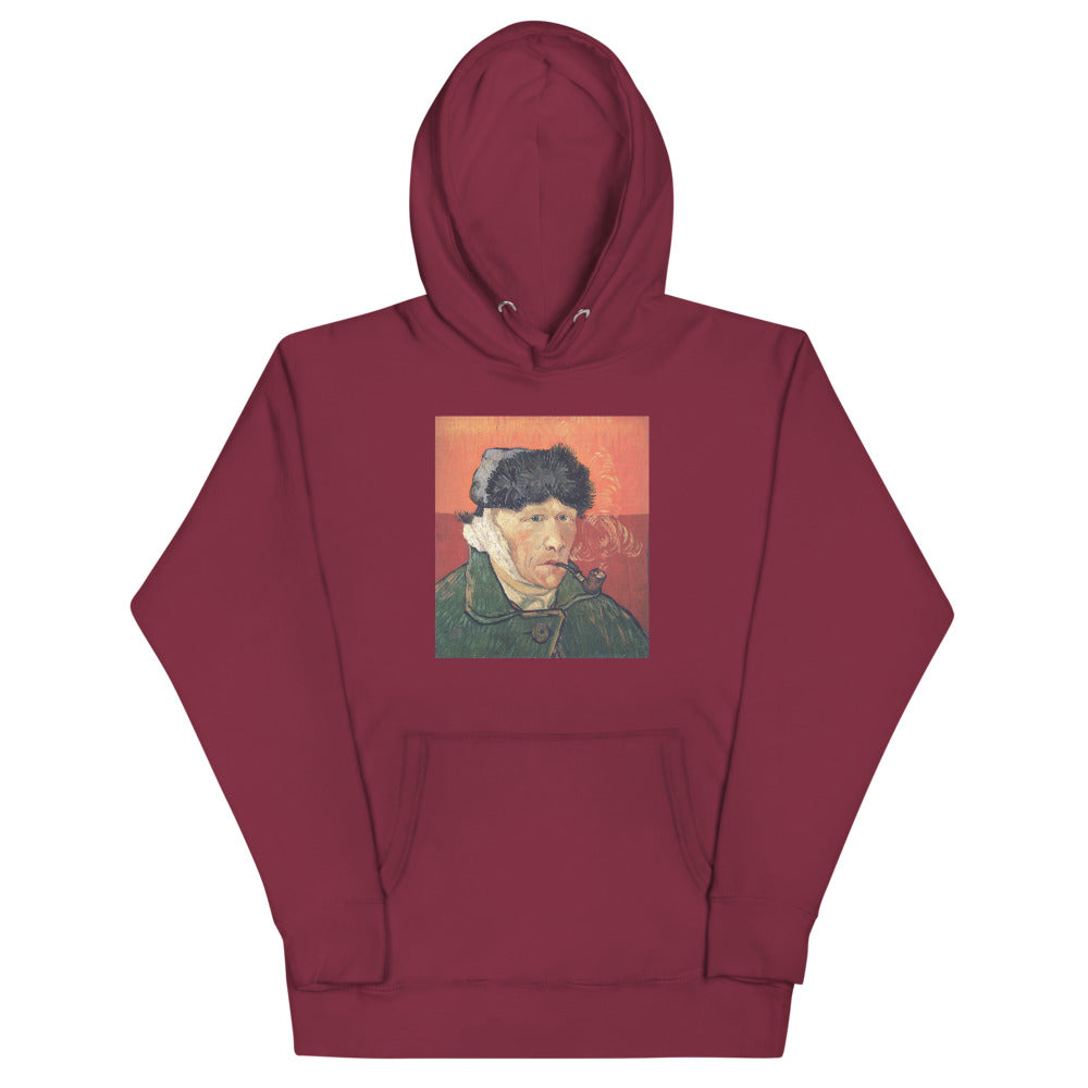 Vincent Van Gogh Self-Portrait with Bandaged Ear and Pipe (1889) Painting Printed Premium Burgundy Red Hoodie Sweatshirt Streetwear