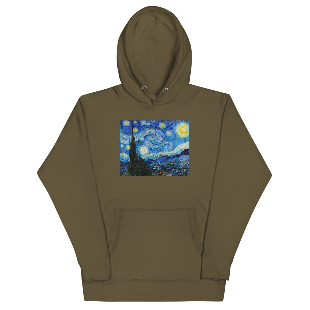 Vincent Van Gogh The Starry Night Painting Printed Premium Olive Hoodie Sweatshirt Streetwear