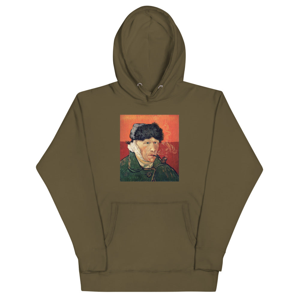 Vincent Van Gogh Self-Portrait with Bandaged Ear and Pipe (1889) Painting Printed Premium Olive Green Hoodie Sweatshirt Streetwear