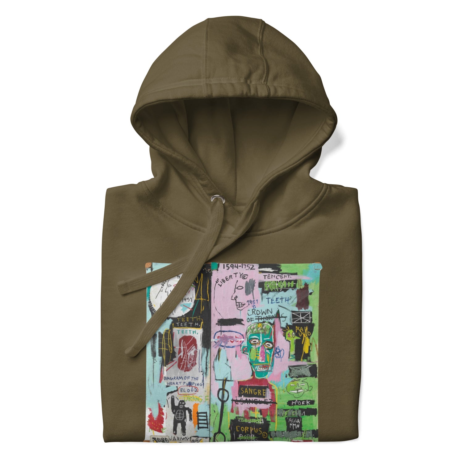 Jean-Michel Basquiat "In Italian" Artwork Printed Premium Streetwear Sweatshirt Hoodie Olive Green
