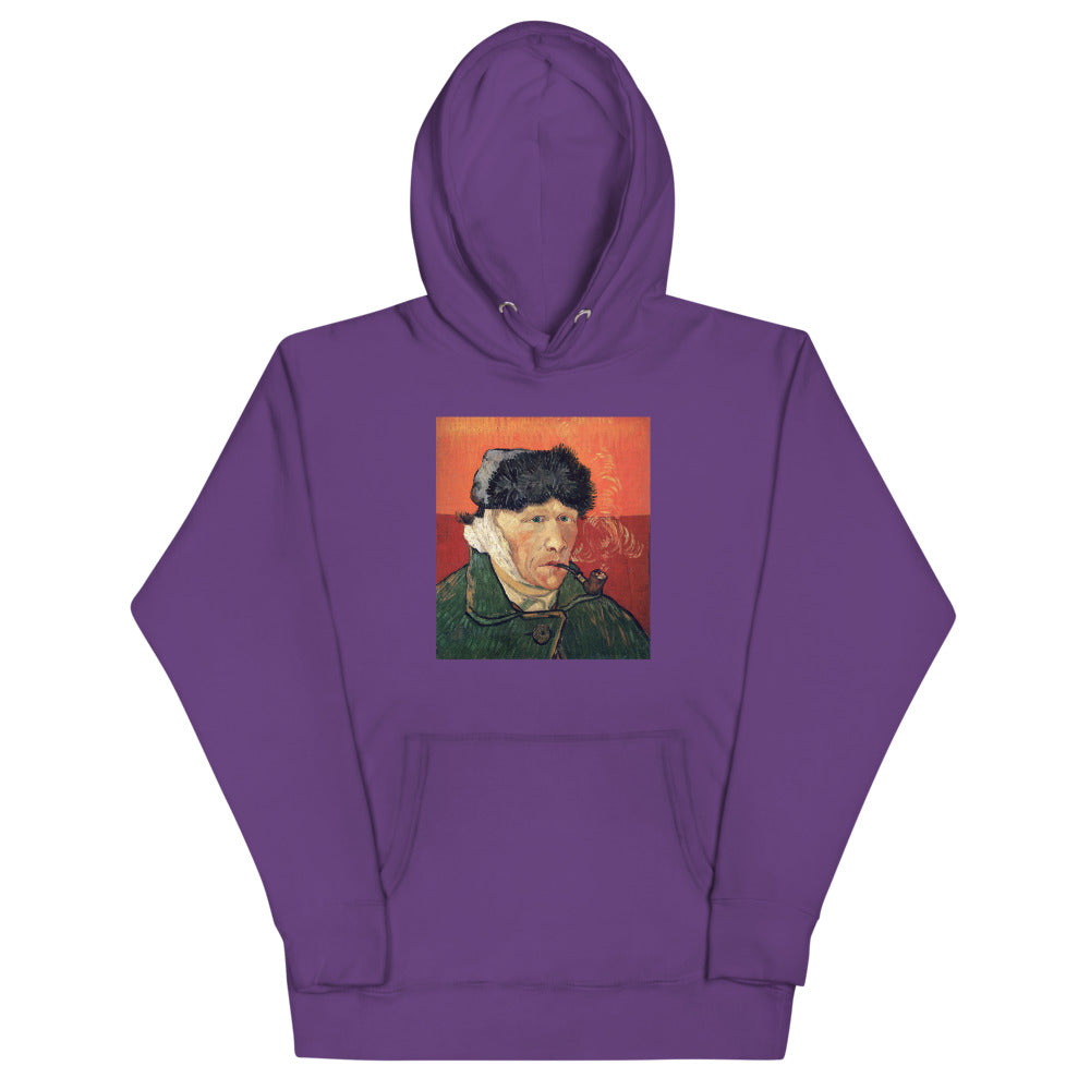 Vincent Van Gogh Self-Portrait with Bandaged Ear and Pipe (1889) Painting Printed Premium Purple Hoodie Sweatshirt Streetwear
