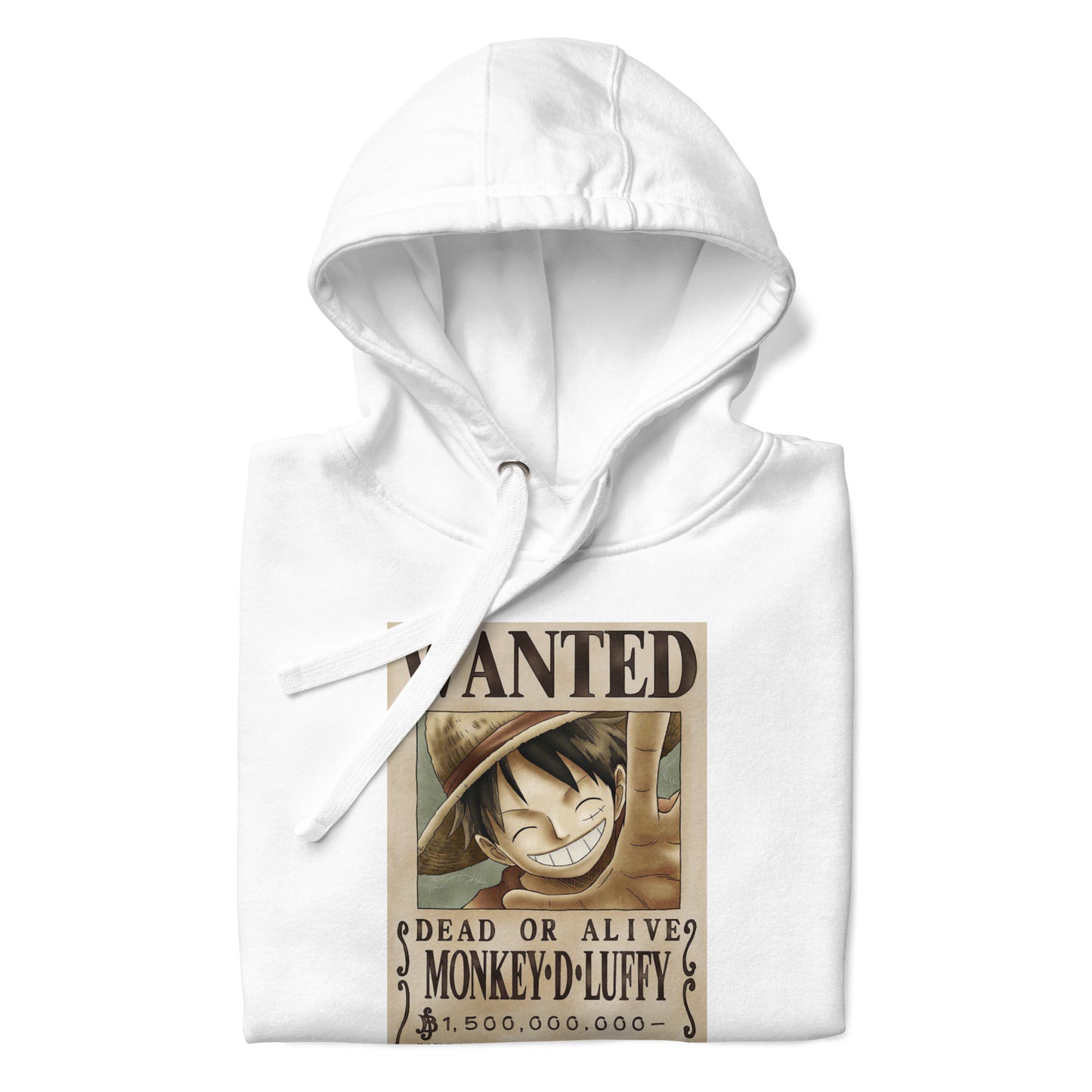 One Piece Monkey D. Luffy Straw Hat Pirates Wanted Poster Printed Premium Streetwear Hoodie Sweatshirt White